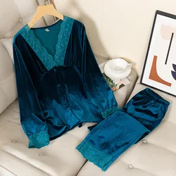 Loose Velour Home Wear Female Blue Velvet 2Pcs Pajamas Set Sexy Lace Trim Nightwear Autumn Winter Sleepwear Pyjama Pour Femme