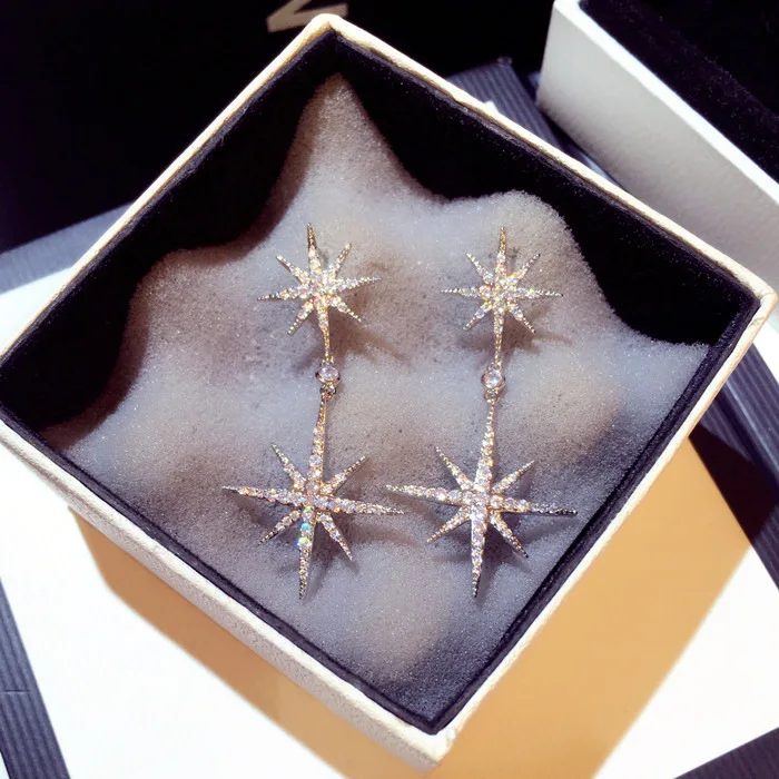 New Korean Fashion Silver Color Stars Drop Earring Exquisite Women Jewelry Super Flashing Rhinestones Snowflake Earrings