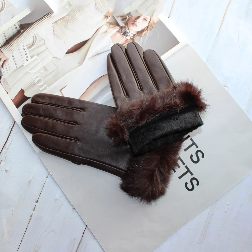 New Women\'s Sheepskin Material Rabbit Fur Mouth Fashion Fleece Lining Warm and Winter Brown Gloves in Autumn and Winter