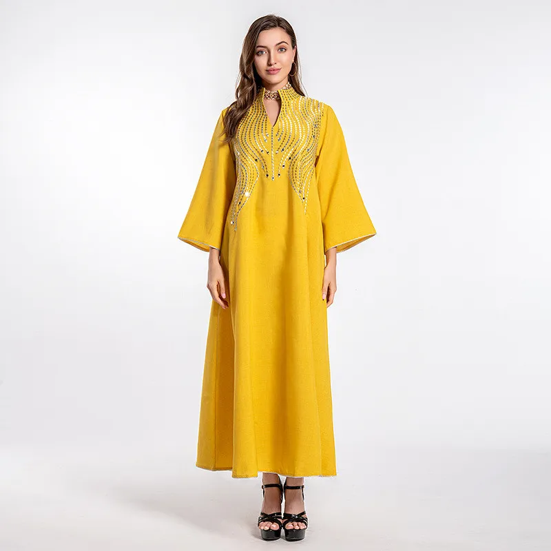 

Abaya Embroidery Women Muslim Party Maxi Robe Gown Elegant Islamic Long Sleeve Long Dress Turkey Middle East Dubai Kaftan Arab