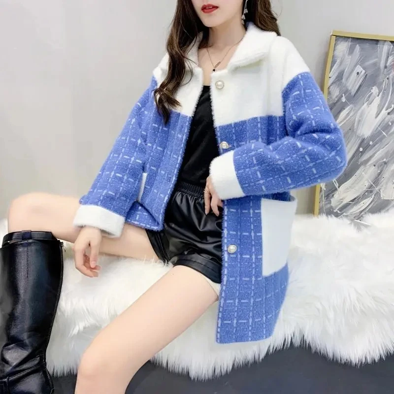 Autumn Winter Women Imitation Mink Velvet Jacket 2023New Fashion Color Matching Student Overcoat Korean Loose Ladies Woolen Coat