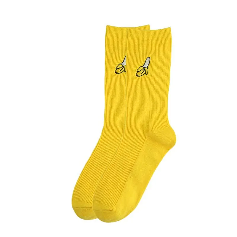 Funny Cute Fruit Embroidery Women Ankle Cotton Socks Banana Avocade Kiwi Apple Harajuku Cherry Warm Yellow Purple Color Retro