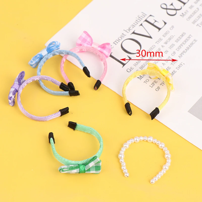 1Pc 1/12 Dollhouse Miniature Headband Doll Hair Accessories Pure Color Lattice Pearl Head Band Doll Decor