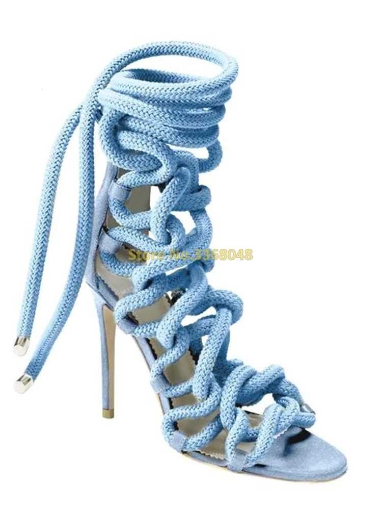 Light Blue Rope Sandals Cross Strap Open Toe Rome Summer Women Shoes Stiletto High Heel Ankle Strap Solid Gladiator Sandals