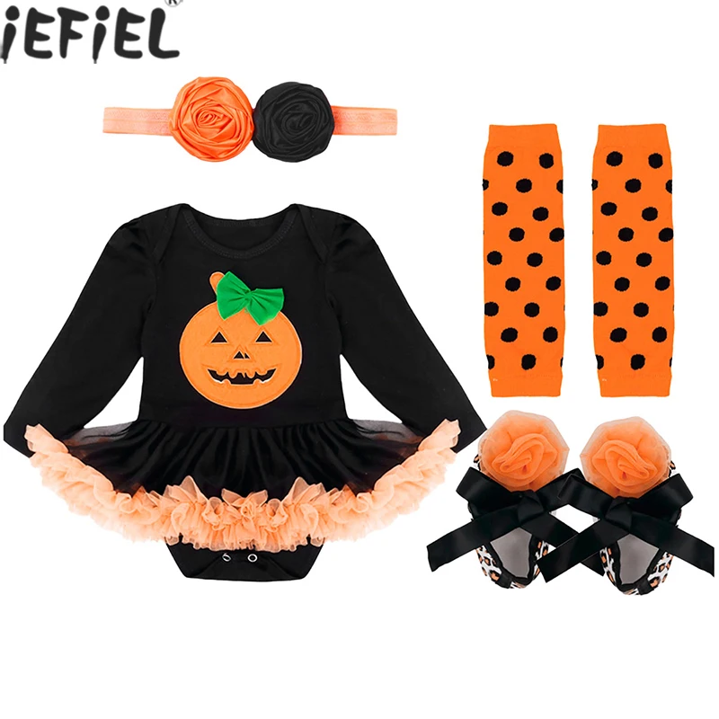 

4 Pcs Infant Baby Girls Halloween Clothing Pumpkin Romper with Headband Leg Shoes Outfits Toddler Jumpsuit Tutu Dress Costumes