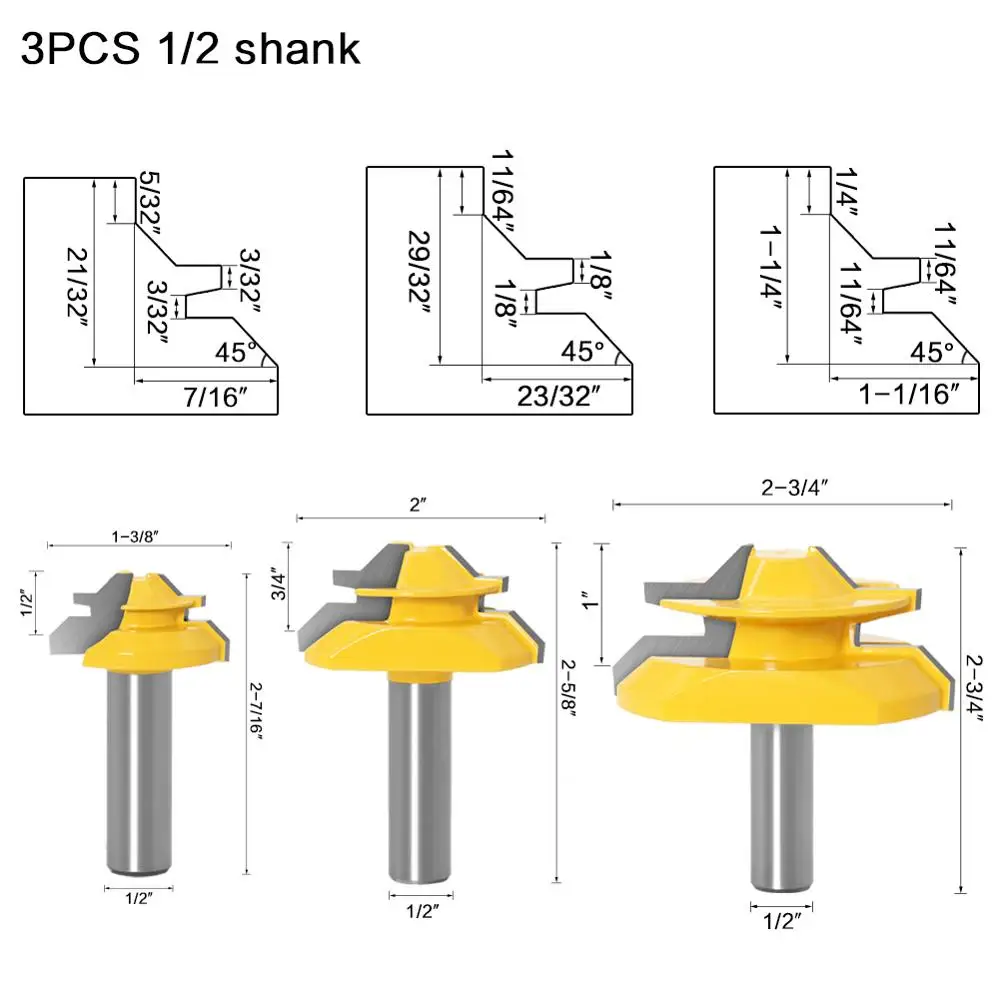 Bộ 3 Khóa MITRE 45 Độ Keo Chung Router Bit. Keo Liên Bộ Gỗ Cắt Tenon Cắt Cho Gỗ ToolsRCT