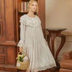 Victorian White Night Dress Women Long Sleeve Romantic Vintage Nightgown Retro Princess Sleepwear Large Size Loose Peignoir Robe