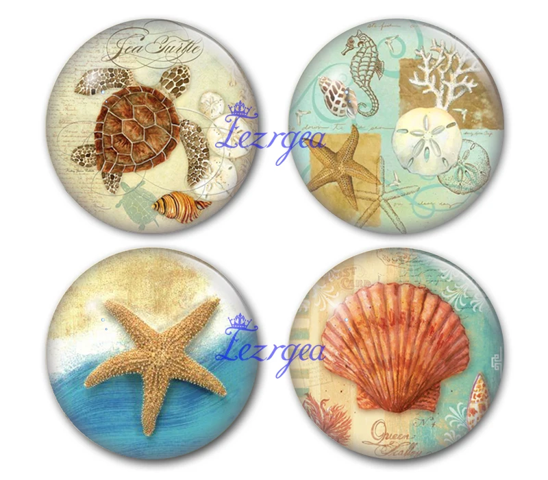 Ocean Life Starfish Seashell Hippocampus Turtle Round Photo Glass Cabochon Demo Flat Back Making Findings