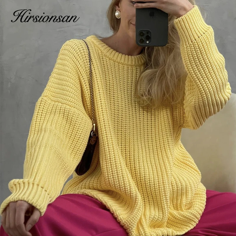 Hirsionsan Thicken Loose Sweater Women Elegant Autumn Winter Warm Oversized Knitted Pullovers Casual Cashmere Solid Female Tops