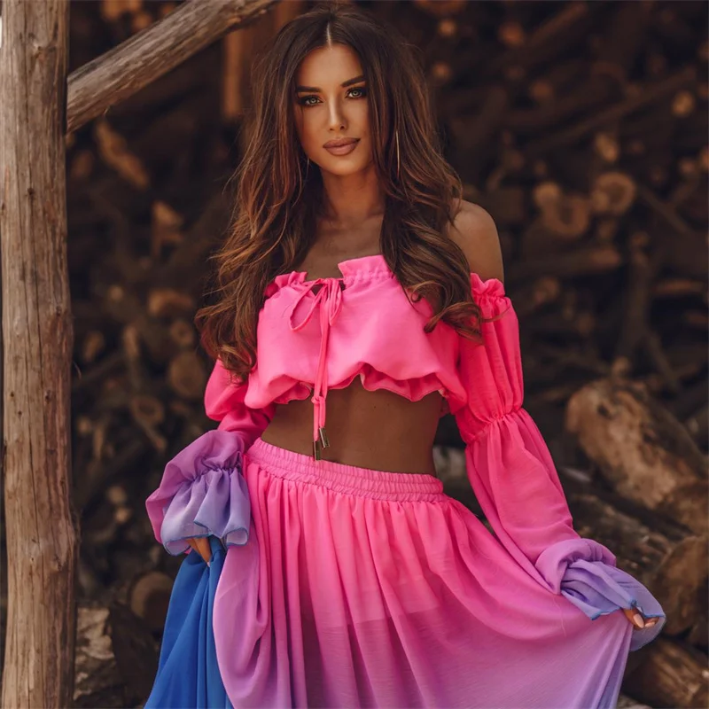 hirigin Boho Beach Women Swimwear Gradient Color Bikini Cover-Ups Ruffles Long Sleeeve Off Shoulder Shirts Split Skirts 2PCS