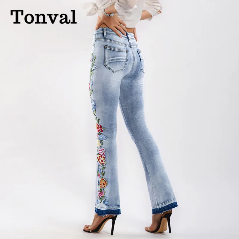 Tonval Floral Embroidered Side Elegant Skinny Flare Jeans Vintage Style Women Light Blue Frayed Hem Streetwear Jeans