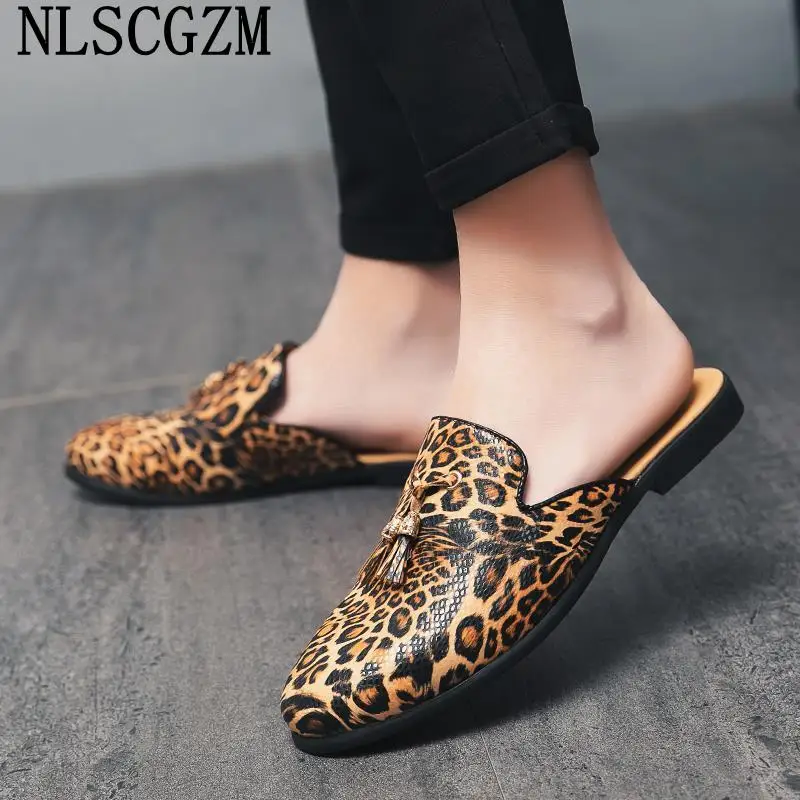 Leather Slippers for Men 2024 Mules Shoes Man Leopard Summer Slippers for Men Casual Indoor Slippers Men Half Shoes Man Sapato