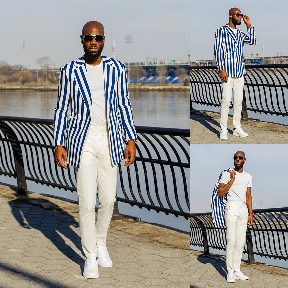 2 Pieces Stripes Mens Wedding Tuxedos Custom Made Blauwe Strepen Blazer & Witte Broek Bruidegom Bruidsjonkers Pak Heren Causale Slijtage