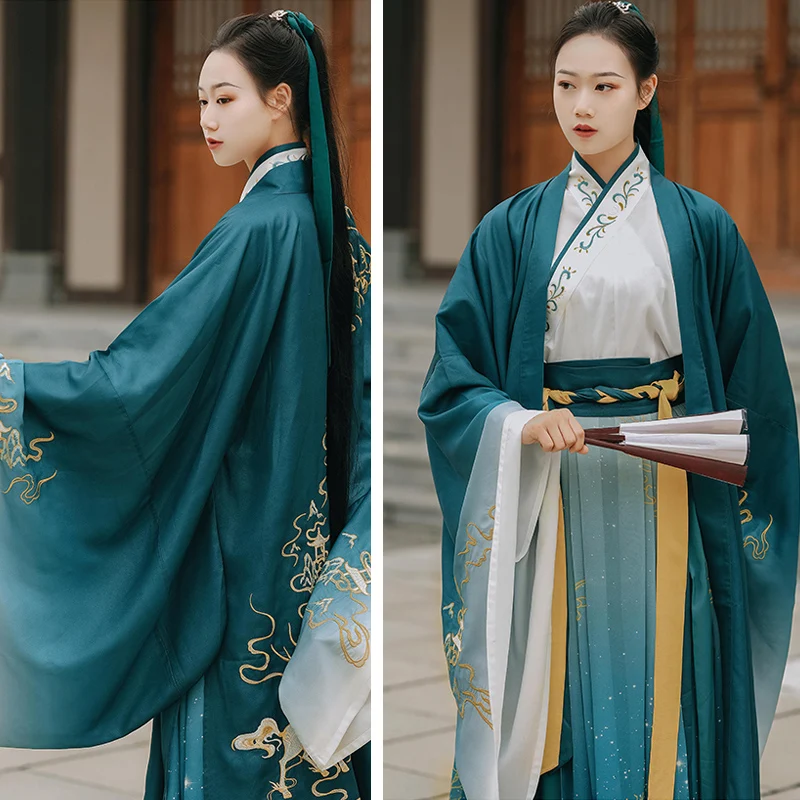 الأخضر Hanfu نمط الحديثة نمط زهرة التطريز فستان كيب كم كبير بلايز الدعاوى النمط الصيني تانغ سلالة هان عنصر #5