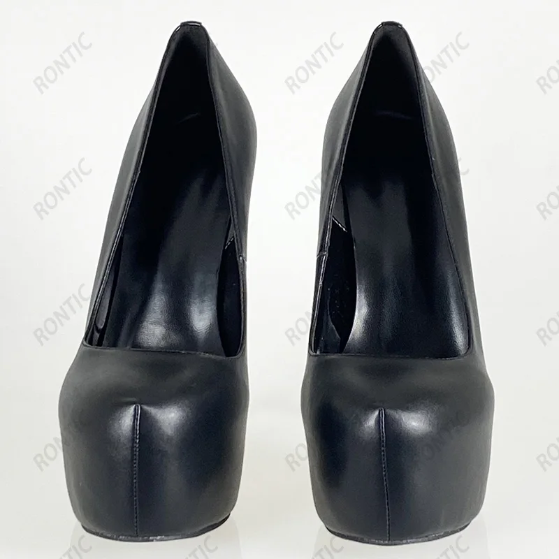 Rontic Handmade Women Spring Platform Pumps Faux Leather Stiletto Heels Round Toe Elegant Black Night Club Shoes US Size 5-20