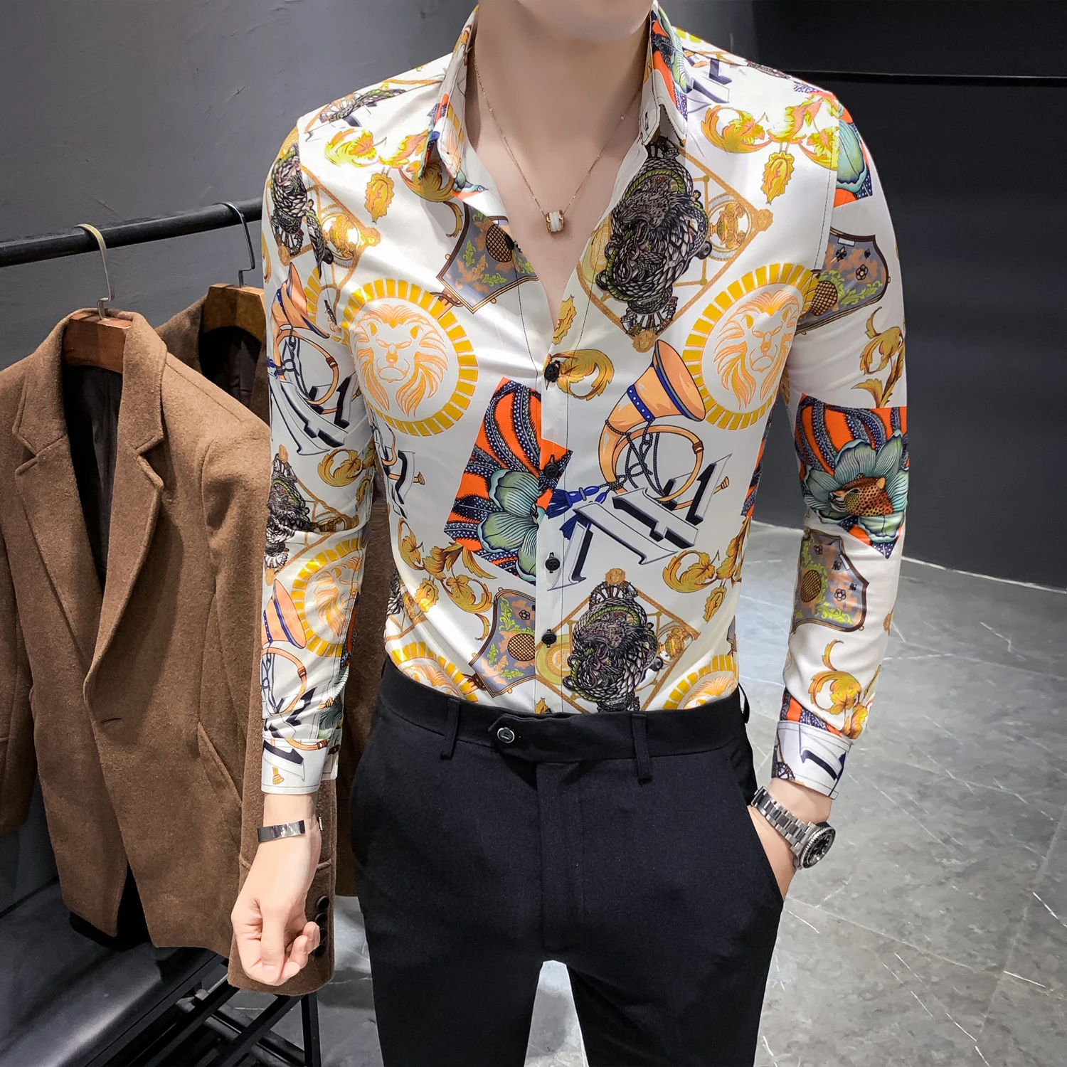 Slim Casual Shirts Fit Party Wear Blouse Homme 4XL Autumn New Shirt Men Fashion 2020 Digital Print Tuxedo Shirt Long Sleeve Mens