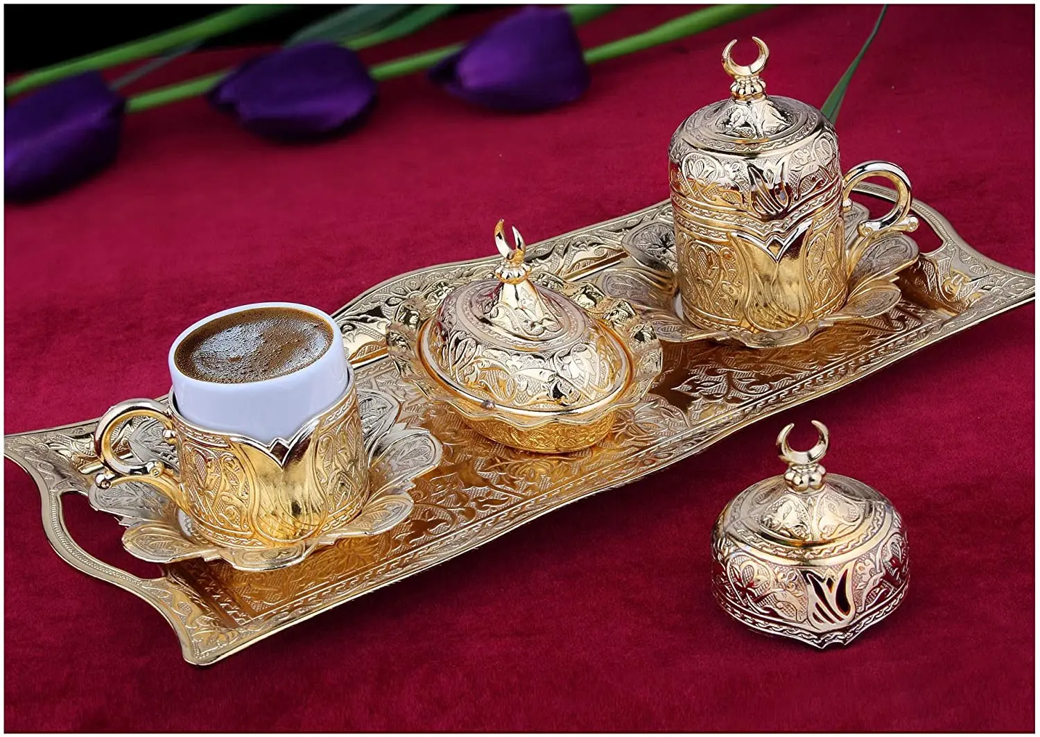 Gold Case Gold plated Turkish, Arabic, greek and Espresso Coffee Set for 2 - Made in Turkey - 11 pieced set, Gold