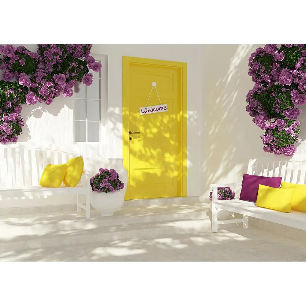 Photo Backdrop Yellow Door Purple Flowers Bench Vinyl Background Photography Props for Pets Baby Children Portrait Photophone