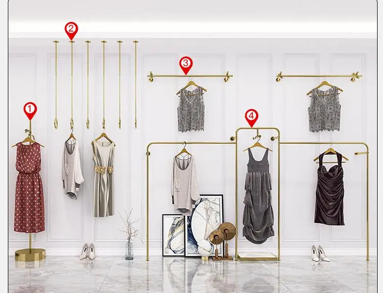 

Clothing display rack wall stainless steel gold middle island side hanging shelf of women's clothing store display shelves