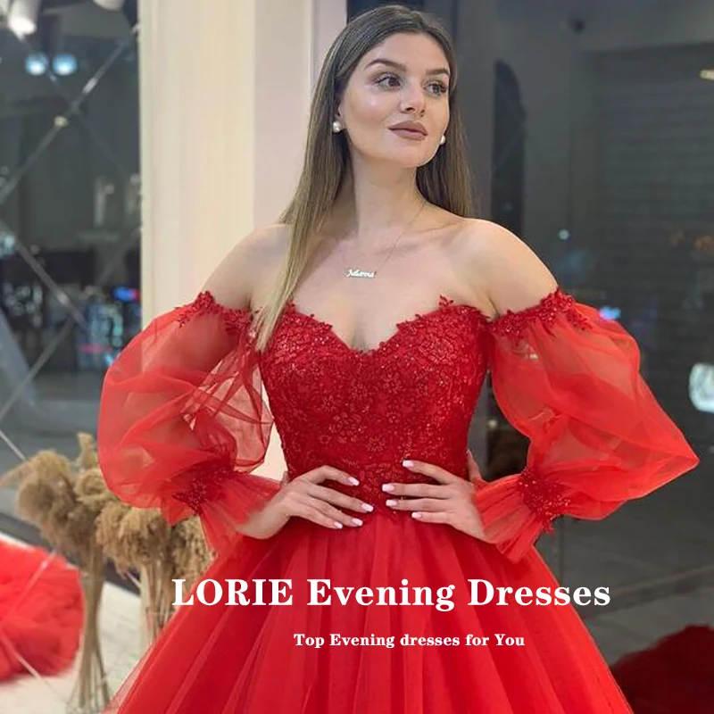 Lorie Vintage Beach Prom Dresses 2022 Red Sweetheart Applicaties Bladerdeeg Mouwen A-lijn Arabisch Avondjurk Tulle Lange Party Dress