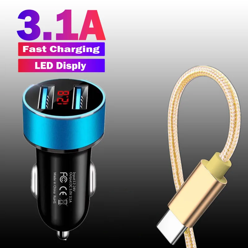 Car Charger Dual USB 3.1A Fast Charging Adapter For Samsung A32 A42 Xiaomi Note 10 Lite Redmi Note 6 7 8 9T 9S Nylon Data Cable