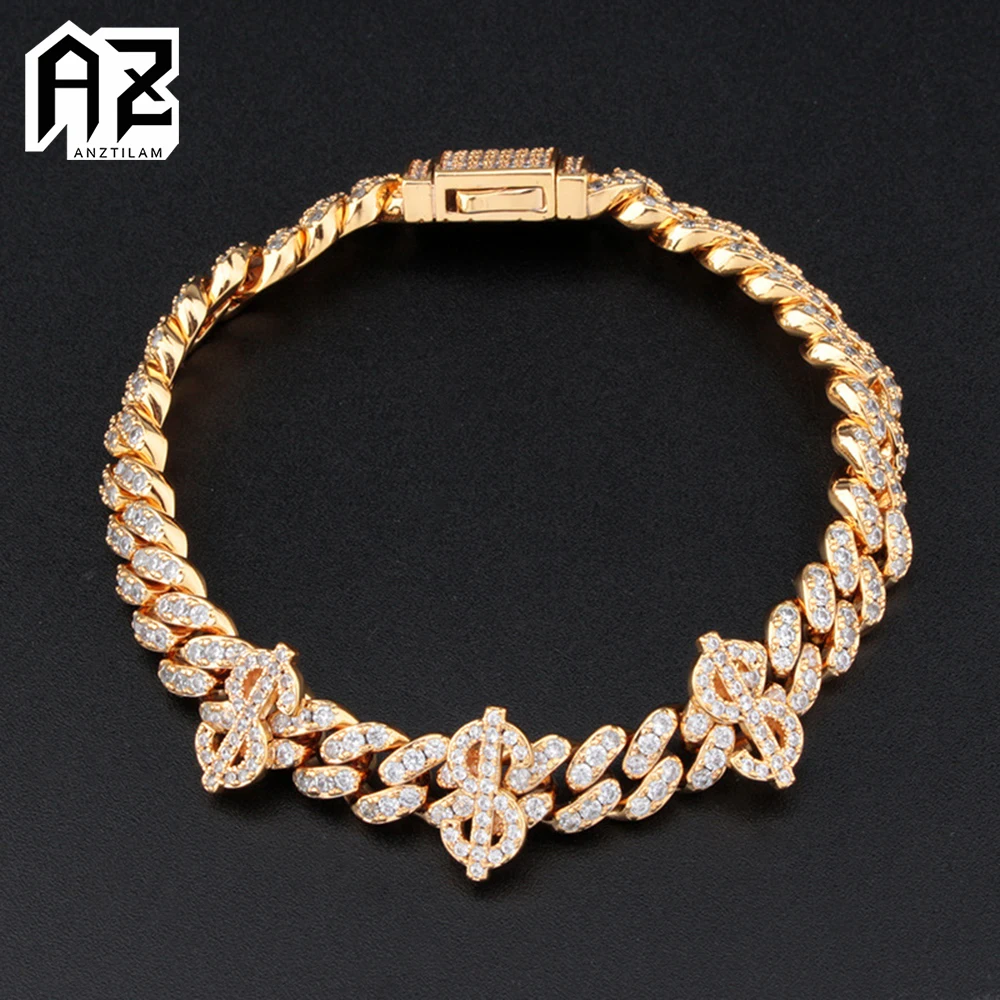 AZ 8mm Iced Out Dollars Cuban Link Chain Bracelets For Men Women With Bling Zircon Stone Hip Hop Miami Chain Goth Jewelry