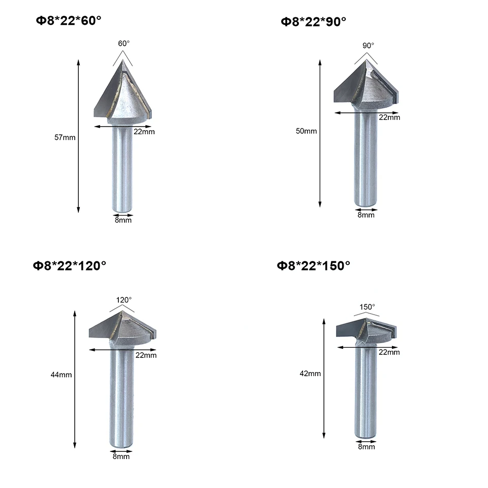 2pc 60 90 120 150 Degree V shape Milling Cutter CNC Engraving Bits 8mm Shank Wood Router Bits Wood Milling Trimming 3D Cutter