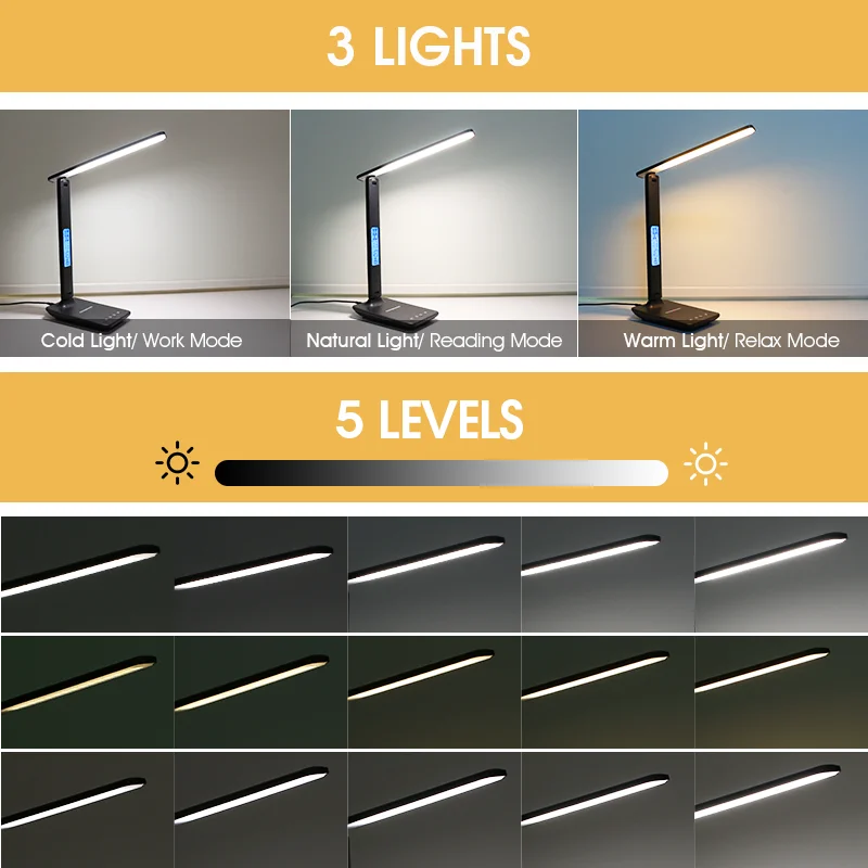 LAOPAO 10W QI bezprzewodowe ładowanie lampa biurkowa LED z budzikiem temperatury kalendarza ochrona oczu badanie oświetlenie biznesowe lampa stołowa