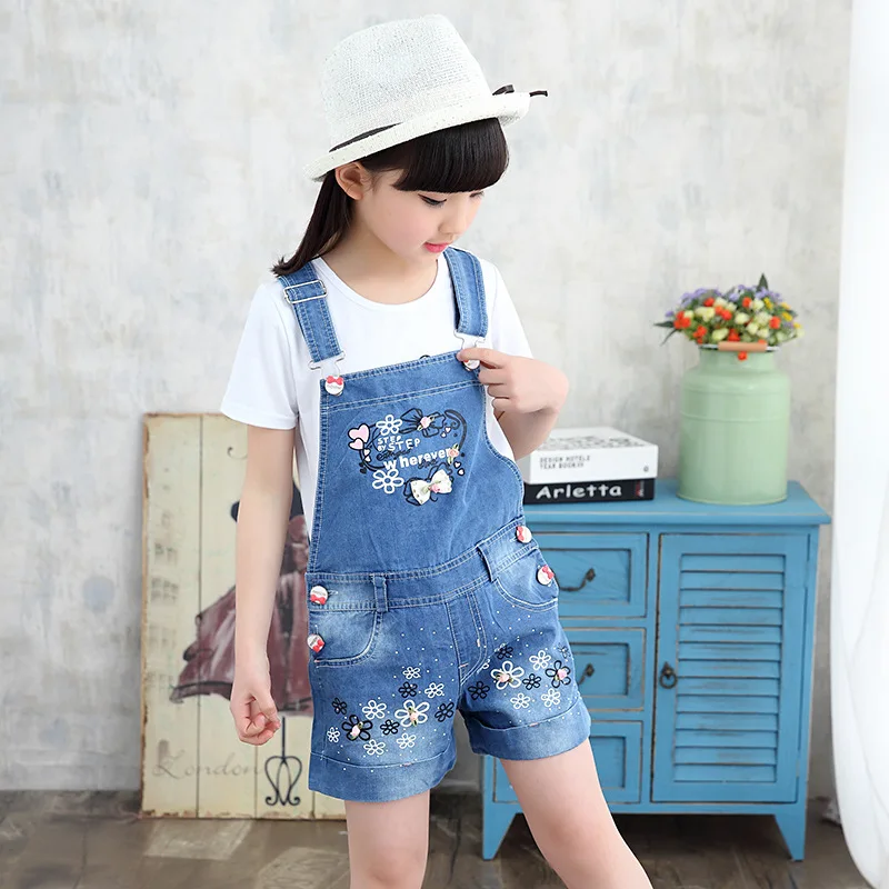 New Girls Overalls Summer Girls Jeans Princess Love Clothes For Girls Bow And Flower Decorate Kids Short Jeans Children Clothing