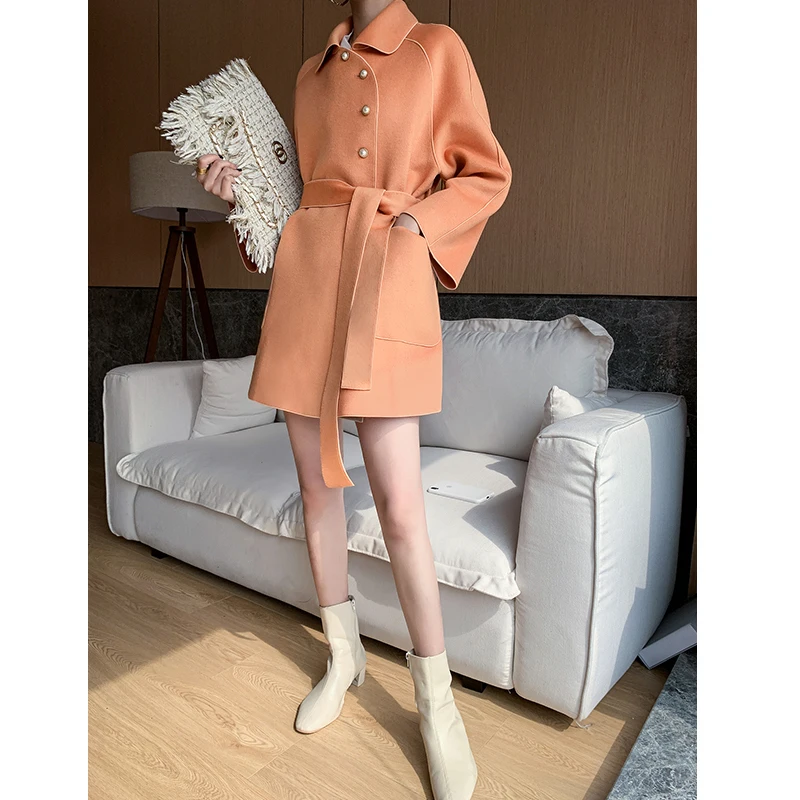 Autumn Winter Coat Women 100% Wool Coat Female Long Jackets Korean Spring Elegant Woolen Jacket Black Belt Overcoat 1992