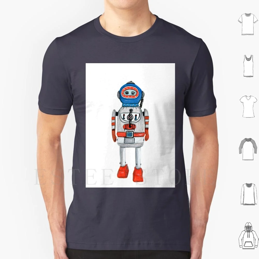 Retro Tin Robot No. 3 T Shirt DIY Big Size 100% Cotton Vintage Vintage Toys Vintage Tin Toys Robots Toys Handdrawn Goauche