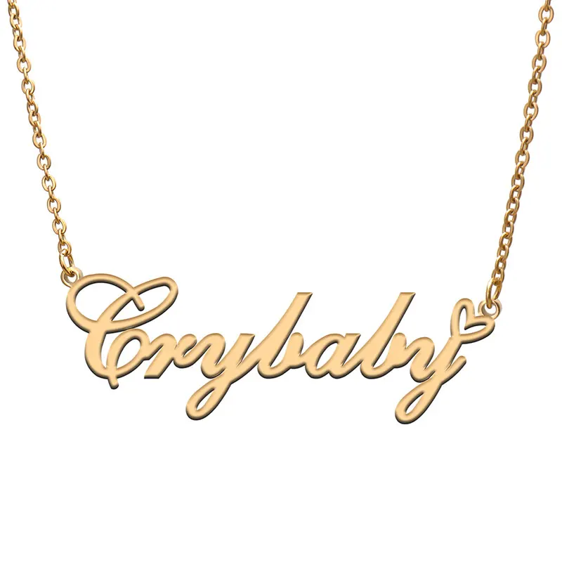 Crybaby with Heart Name Necklace for Women Stainless Steel Jewelry Nameplate Pendant Femme Mother Child Girls Gift