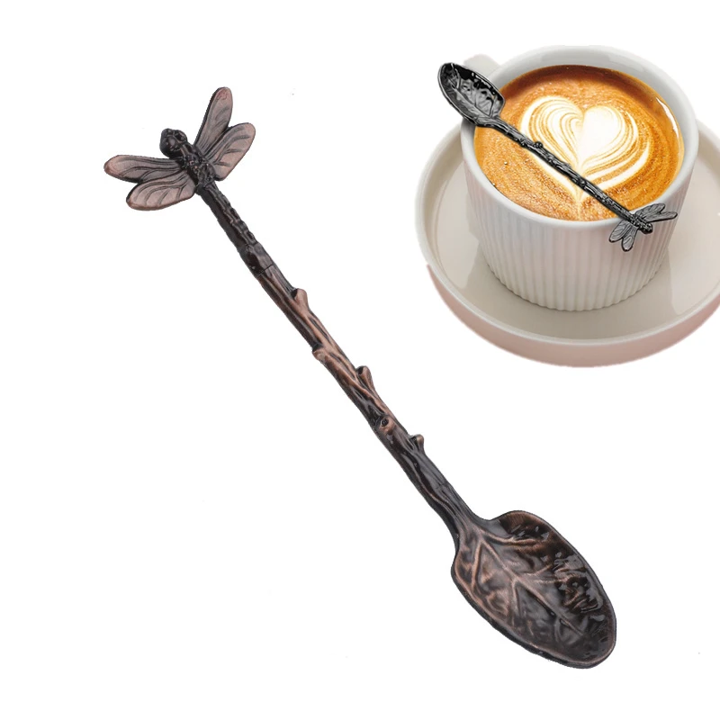 Retro Stainless Steel Dragonfly Coffee Stirring Spoon Creative Leaves Shape Teaspoon Tableware European Kitchen Accessories