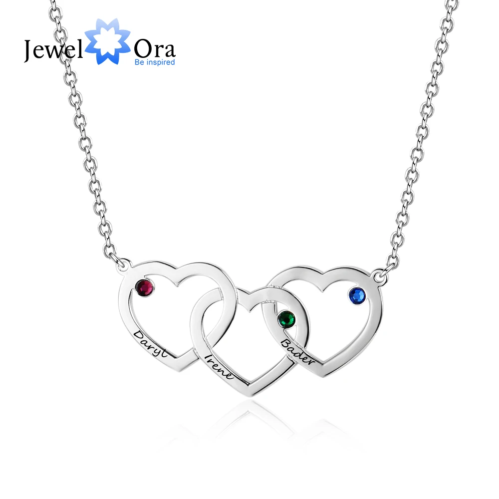 

Personalized Intertwined Hearts Necklace with 3 Birthstones Customized Name Engraved Pendant Jewelry (JewelOra NE102402)