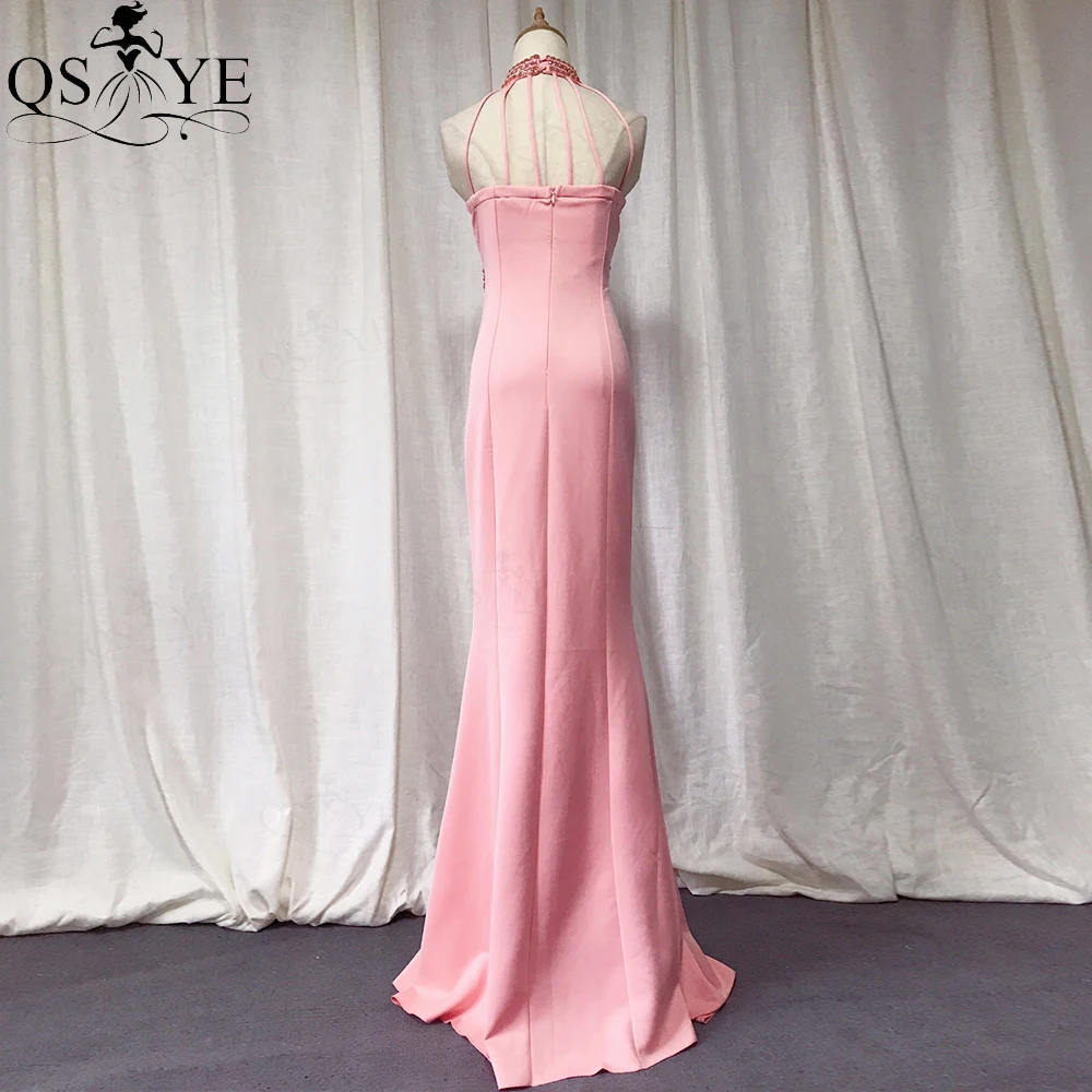 QSYYE Pink Evening Dresses Elastic Beading High Neck Mermaid Evening Gown Crystals Party Dress Split Basque Waist Formal Dress