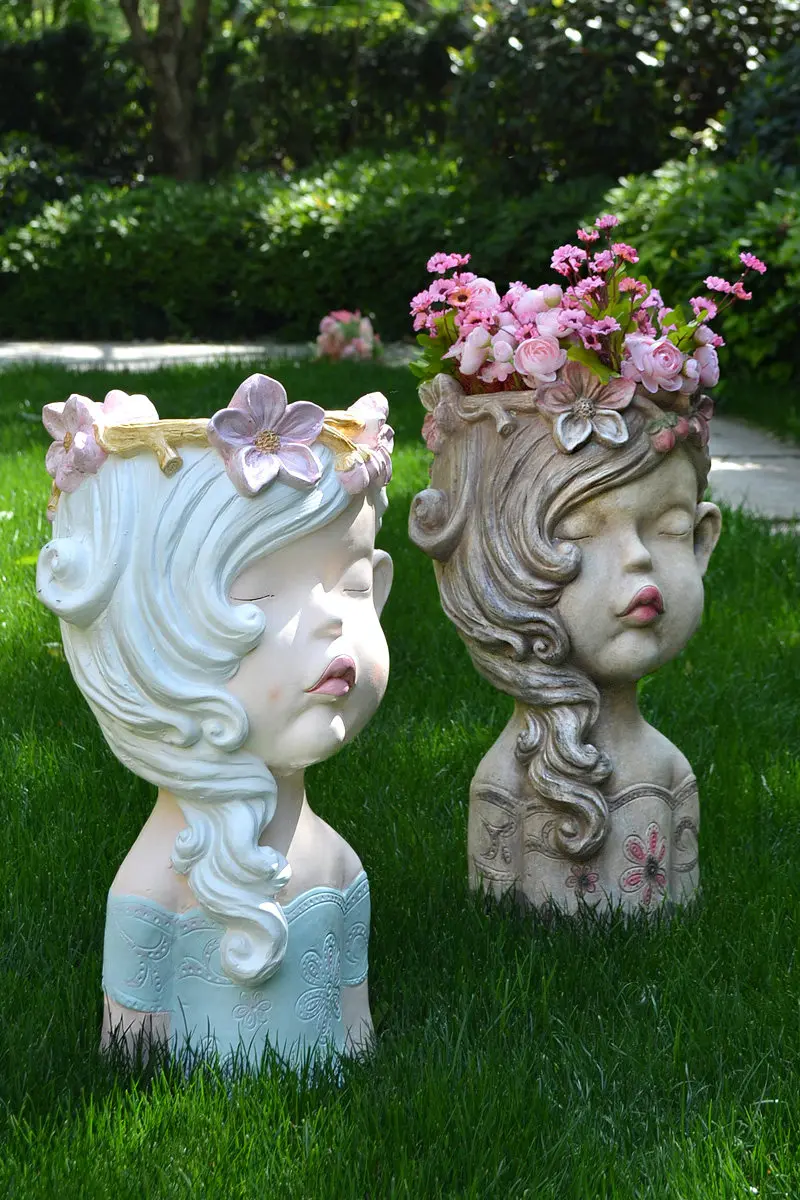 American Cute Girls Head Cement Flower Pot Ornaments Courtyard Villa Park Figurines Crafts Outdoor Garden Accessories Decoration