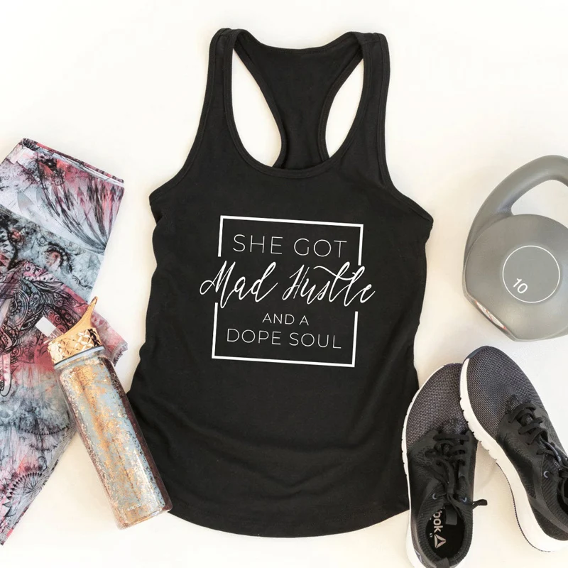 Women Flowy Racerback Black Running Tank Casual Sleeveless Slogan Gym Workout Shirt She Got Mad Hustle and A Dope Soul Tank Tops