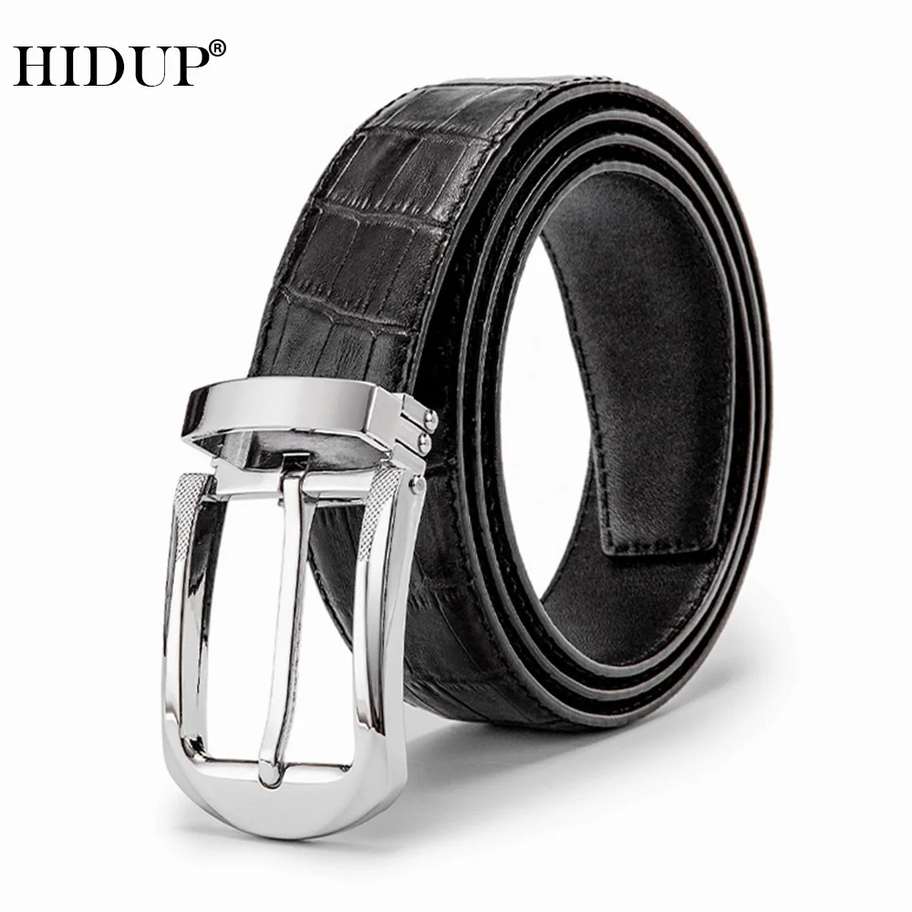 

HIDUP Top Quality Simple Design Pin Buckle Metal Belts Men Striped Black Cow Genuine Leather Belt 3.3cm Width Clothes NWJ105