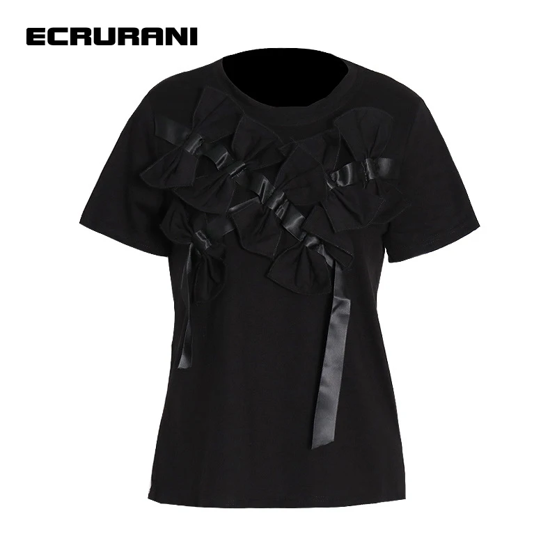 

ECRURANI Patchwork Temperament T Shirt For Women O Neck Short Sleeve Bowknot Loose Casual T Shirts Female 2021 Fashion New Style