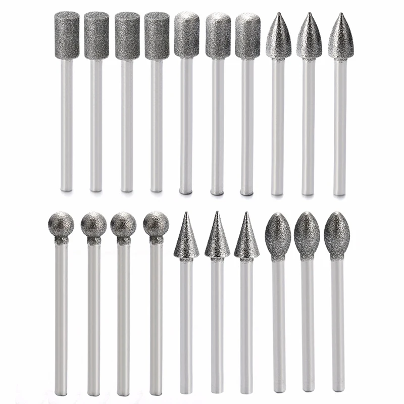 Imagem -06 - Shank Cabeças de Moagem Diamante Mini Broca Rebarbas Conjunto para Ferramenta Rotativa Moedor Mayitr Escultura em Vidro Molde Moagem Ferramentas 20 Peças mm