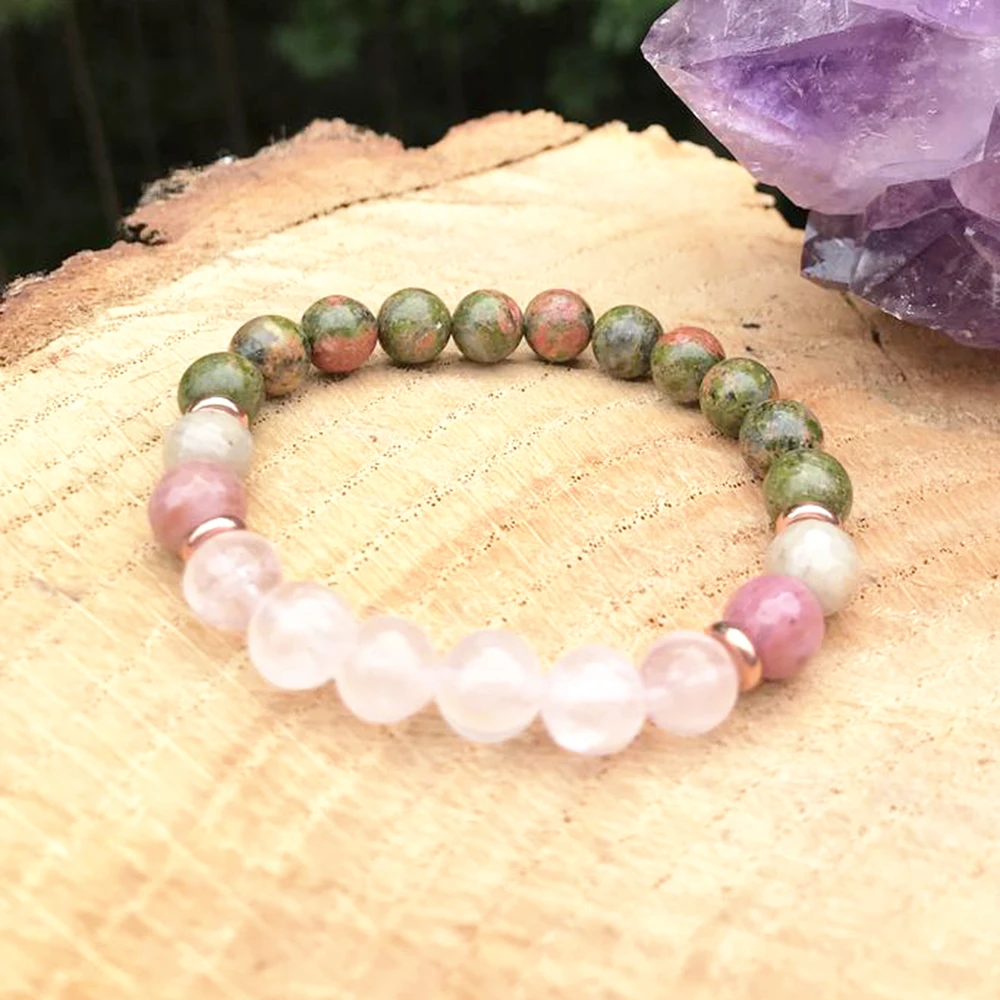 Wholesale Natural Rose Quartz Womens Bracelet 8 MM Natural Unakite Jasper Rhodonite Bracelet Spiritual Fertility Goddess Jewelry