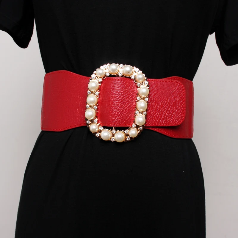 PU Leather High Elastic Wide Belt for Women Stretch Waist Belt for Dress Autumn Stretch Women Belts White Red Pearl Buckle Belt