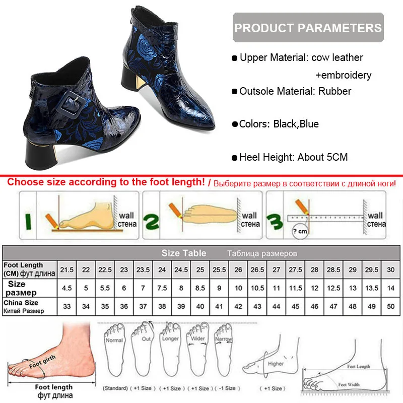 Phoentin Embroider Boot Women Genuine Leather Ankle Boots Winter New Back Zipper High Heels Party Basic Shoes FT1222
