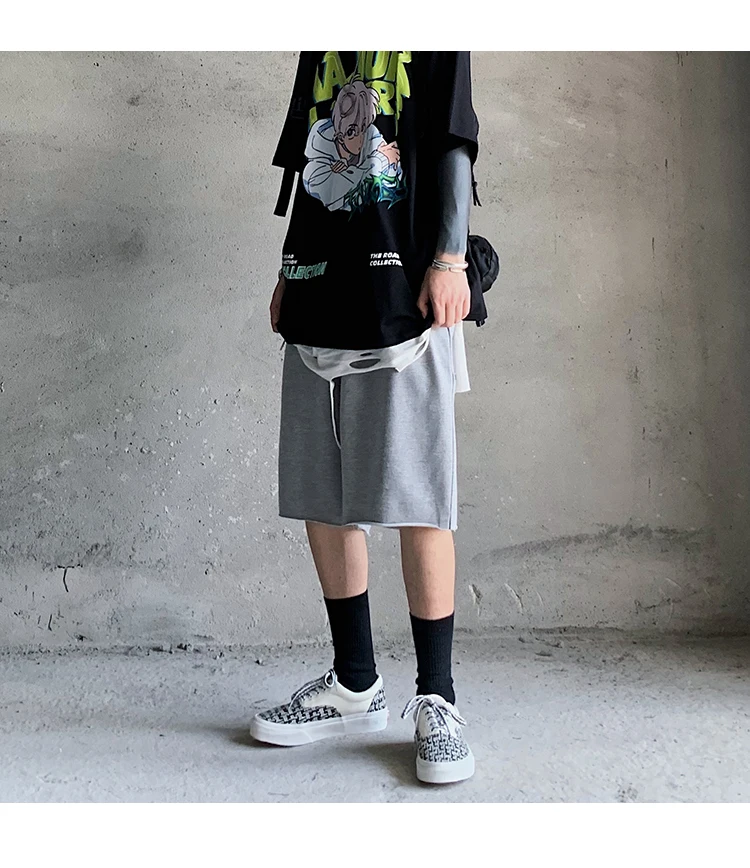 high street retro old drawstring sports shorts male hip-hop tide brand loose straight casual wild five-point pants