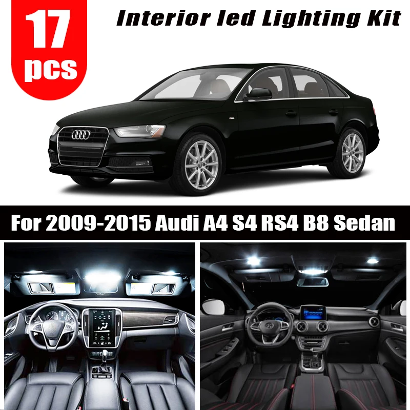 17pcs Error Free LED Bulb Interior dome map Light Kit + License plate lamp for 2009-2015 Audi A4 S4 RS4 B8 Quattro Sedan