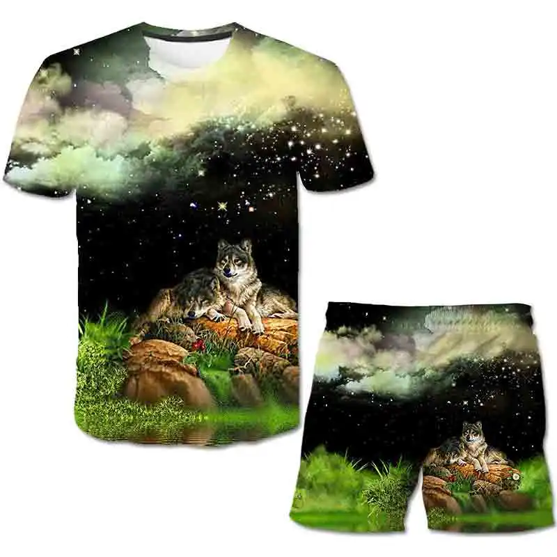 Neue männer casual shorts sommer laufen outdoor shorts 3D drucken Farbe glow wolf Shorts + T hemd Anzug Sets shorts lässig bademode