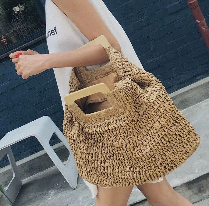 Rattan Large Capacity Totes for Women Casual Wicker Woven Wooden Handbags Summer Beach Straw Bag Lady Big Purses Travel Sac 2024