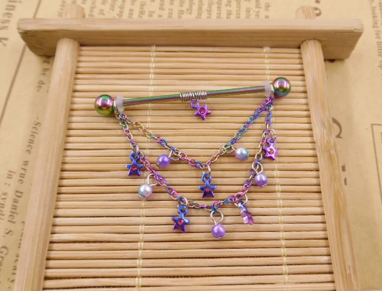 2022 Newest 8 Styles 14G Stainless Steel 14 Gauge Rainbow Moon Bead Triple Chain Dangle Industrial Barbell 38mm