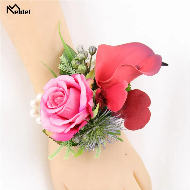 Meldel Zijde Rose Calla Bruiloft Corsages En Bruidegom Boutonnières Bruidsmeisjes Pols Armbanden Huwelijk Party Prom Mannen Pak Bloemen