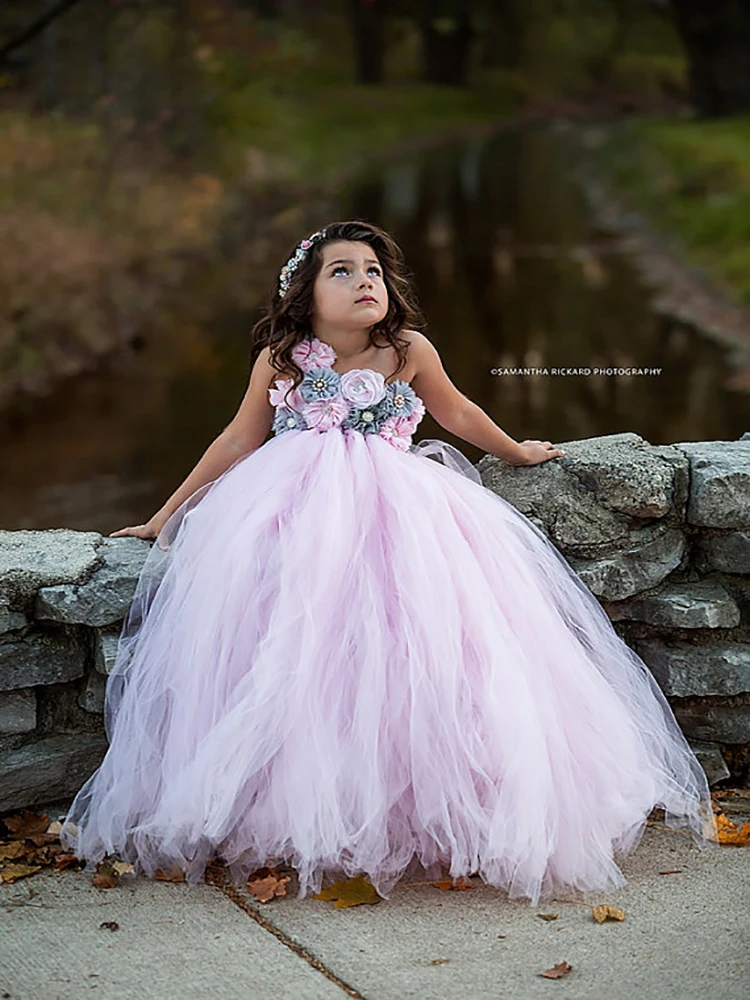 Pink and Grey Flower Girl Tutu Dress Wedding Tulle Dress Girls Wedding Dresses Robe Demoiselle Rose Kids Girls Clothes Dress image 5